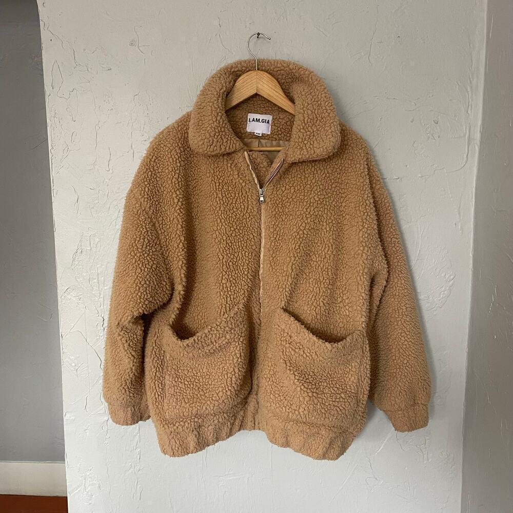 I.AM.GIA Oversized Brown Teddy Coat Zip up Deep Pockets Fleece Jacket sz XS